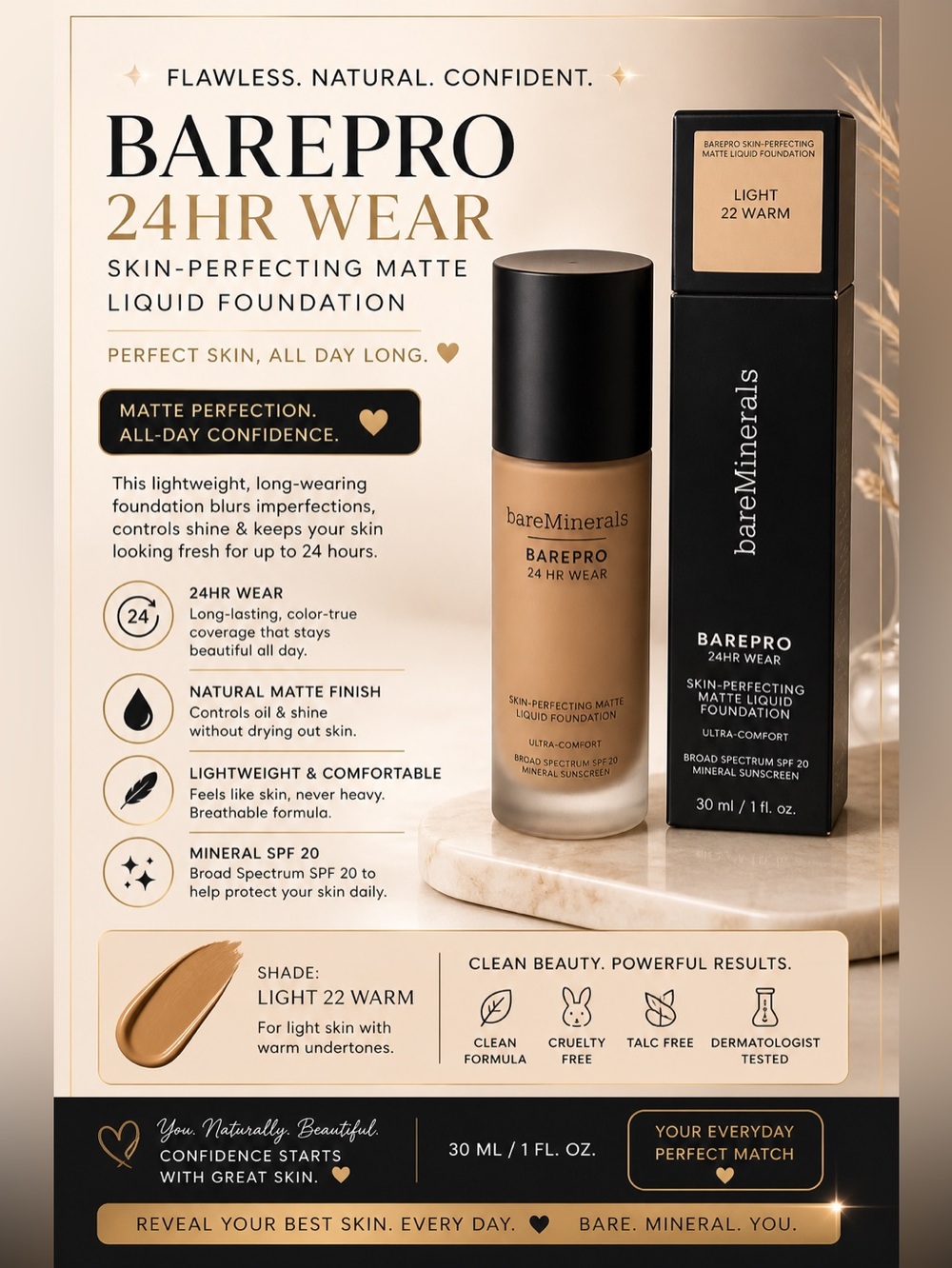 bareMinerals BAREPRO 24HR Wear Liquid Foundation - Light 22 Warm